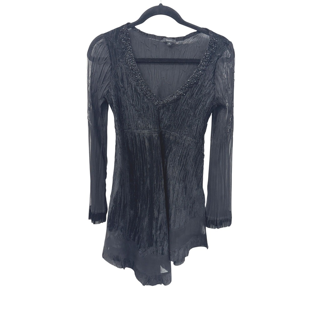 Komarov Black Crinkle Velvet Beaded Deep V Mini Dress Whimsigoth Sheer Sleeve S
